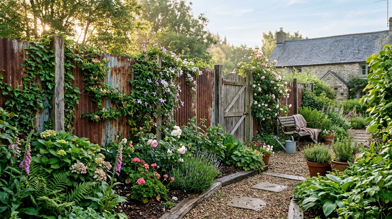 Rustic Garden With Weathered Sheet Metal Fencing